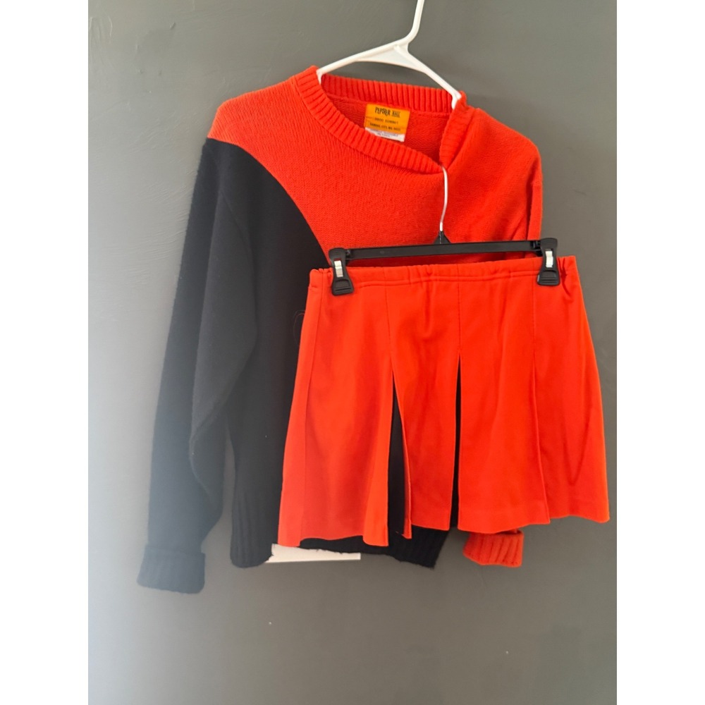 Vintage 70s Pepster Hall Orange Black Cheerleader Sweater Pleated Skirt Set WLS